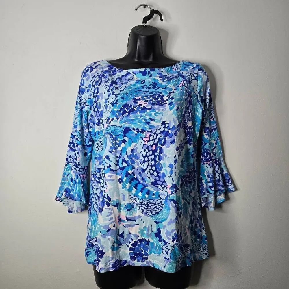 Lilly Pulitzer Shirt Size Small Fontaine Top Turquoise Oasis Wave After Wave 3/4